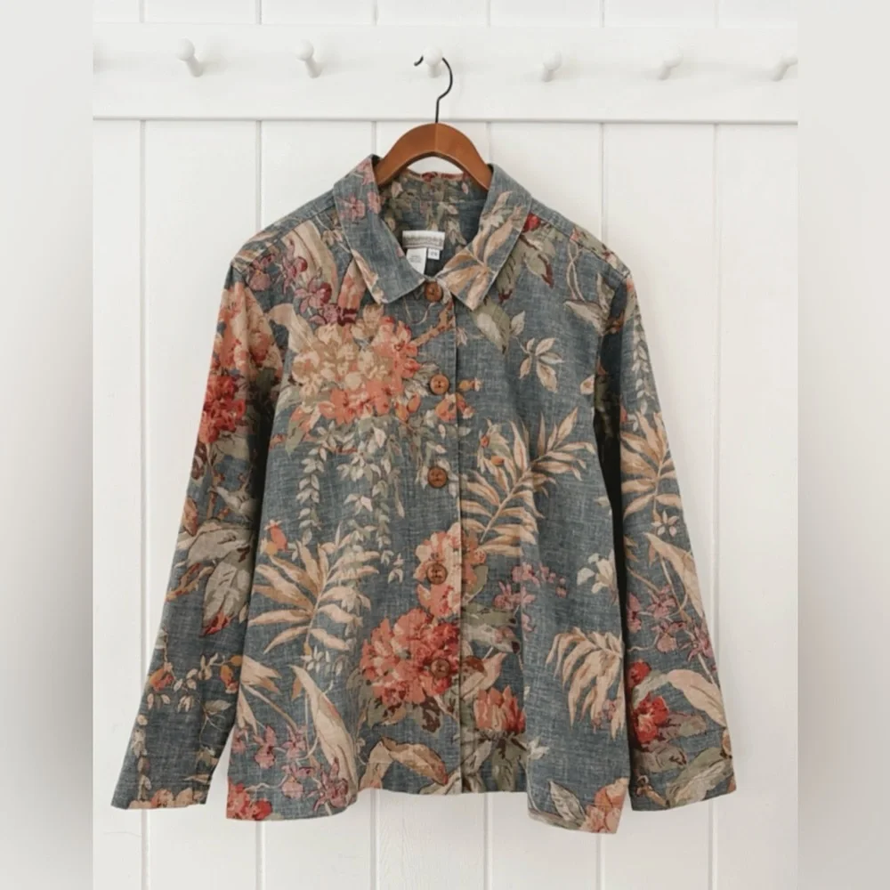 Coldwater Creek Canvas 100% Cotton Floral Jacket Muted Colorful Coastal 2X - Picture 1 of 12